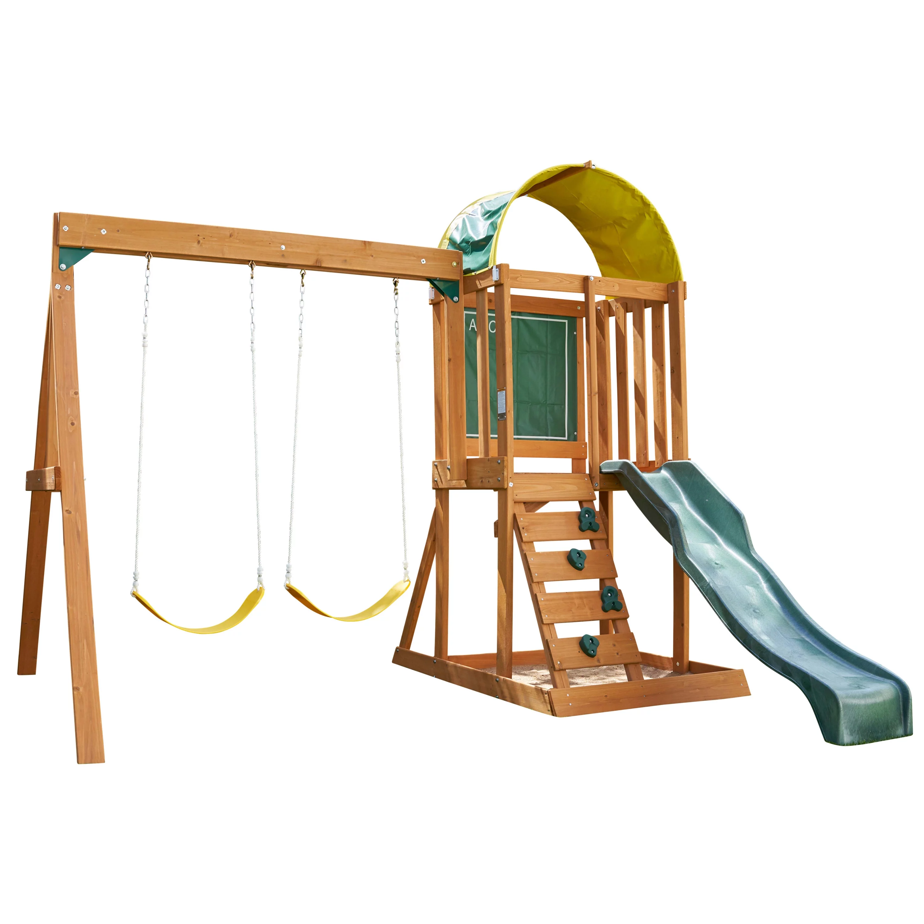 KidKraft Ainsley Wooden Outdoor Swing Set with Slide and Rock Wall - Radiant Selections
