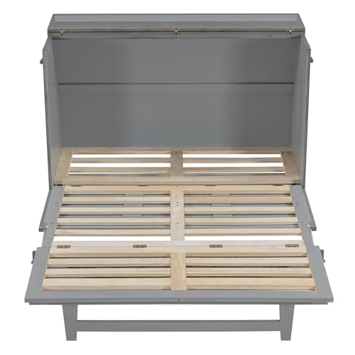 Harper & Bright Designs Full Size Murphy Bed Wall Bed, Solid Pine Murphy Bed Chest Cube Cabinet Bed with USB