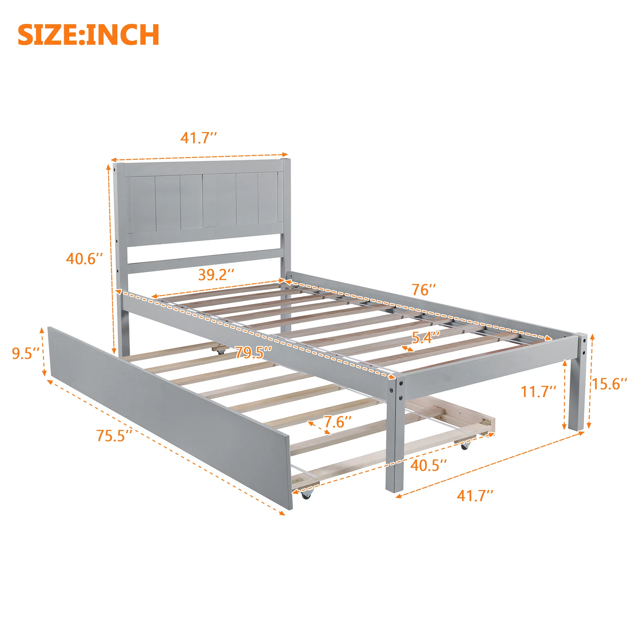Euroco Twin Size Wood Platform Bed with Trundle for Kids, Gray
