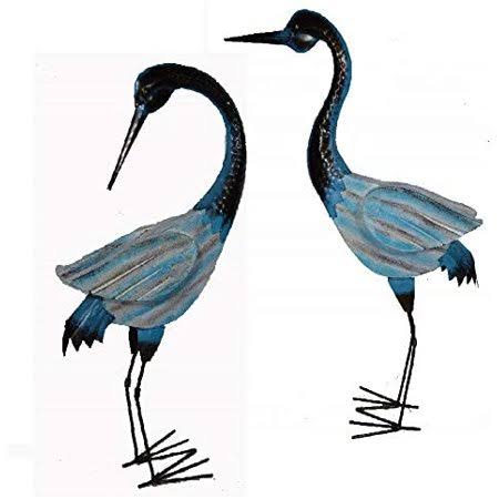 WorldBazzar Set of 2 Large Hand Carved Painted Wood and Metal Carving Heron Bird