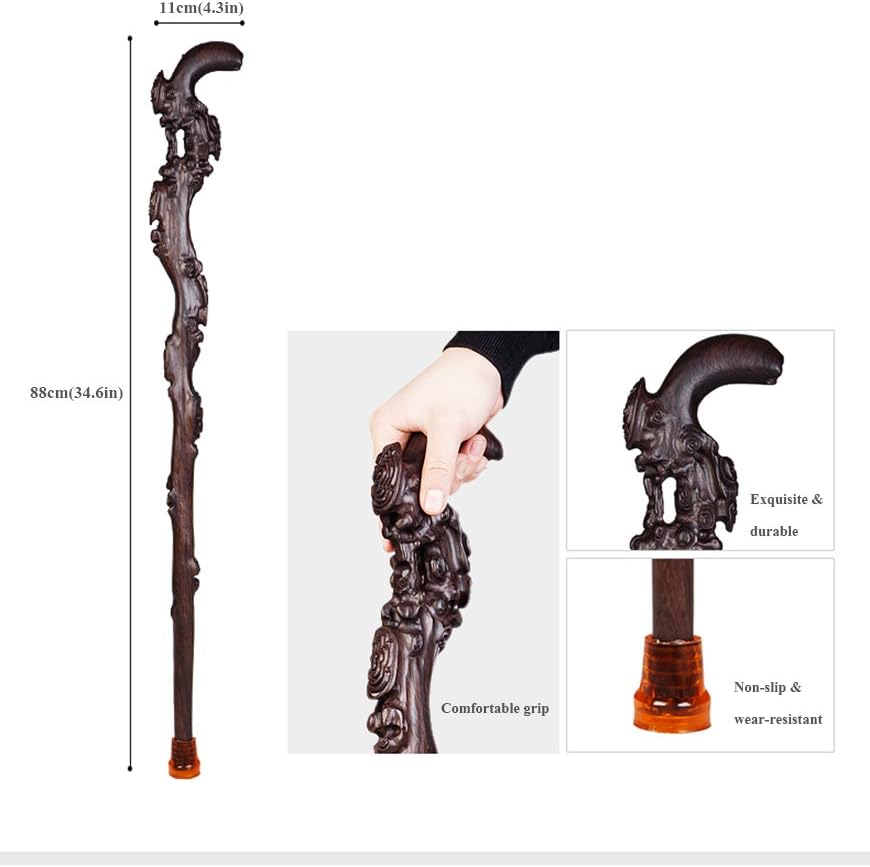 MUUL-WHCH Wood Cane with Supportive Curved Handle, Exquisite Carving Walking Canes, Handmade Carved Sticks, Ebony Crutch Stick Gift for Men and Women