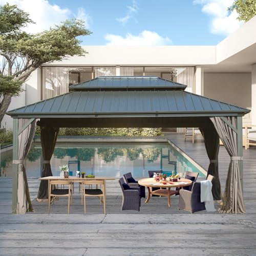 Domi 10' x 10' Hardtop Gazebo Outdoor Metal Gazebo with Galvanized Steel Double Roof Canopy, Curtains and Netting for Patio, Backyard, Deck