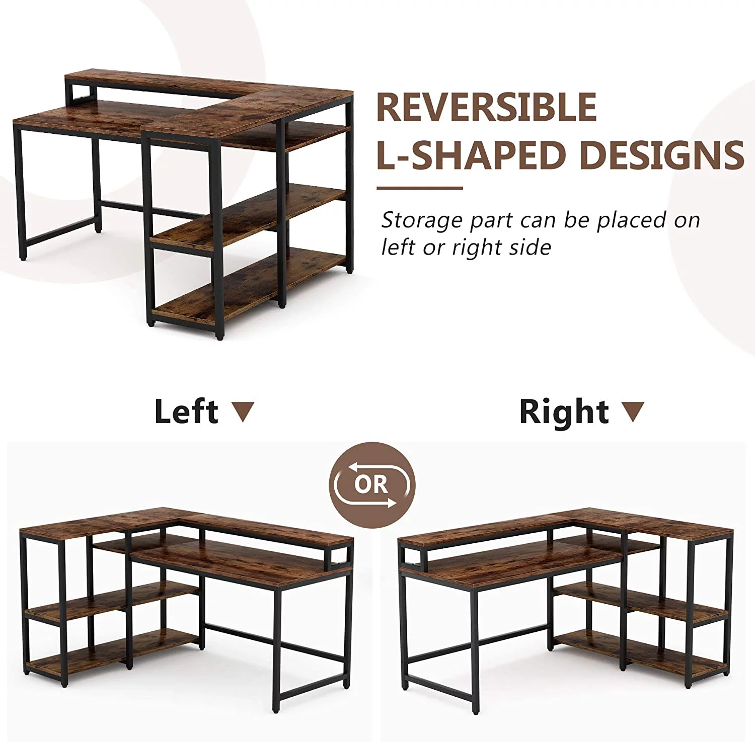 Tribesigns Reversible L Shaped Computer Desk with Hutch and Shelf Industrial Home Office Desk Rustic Brown