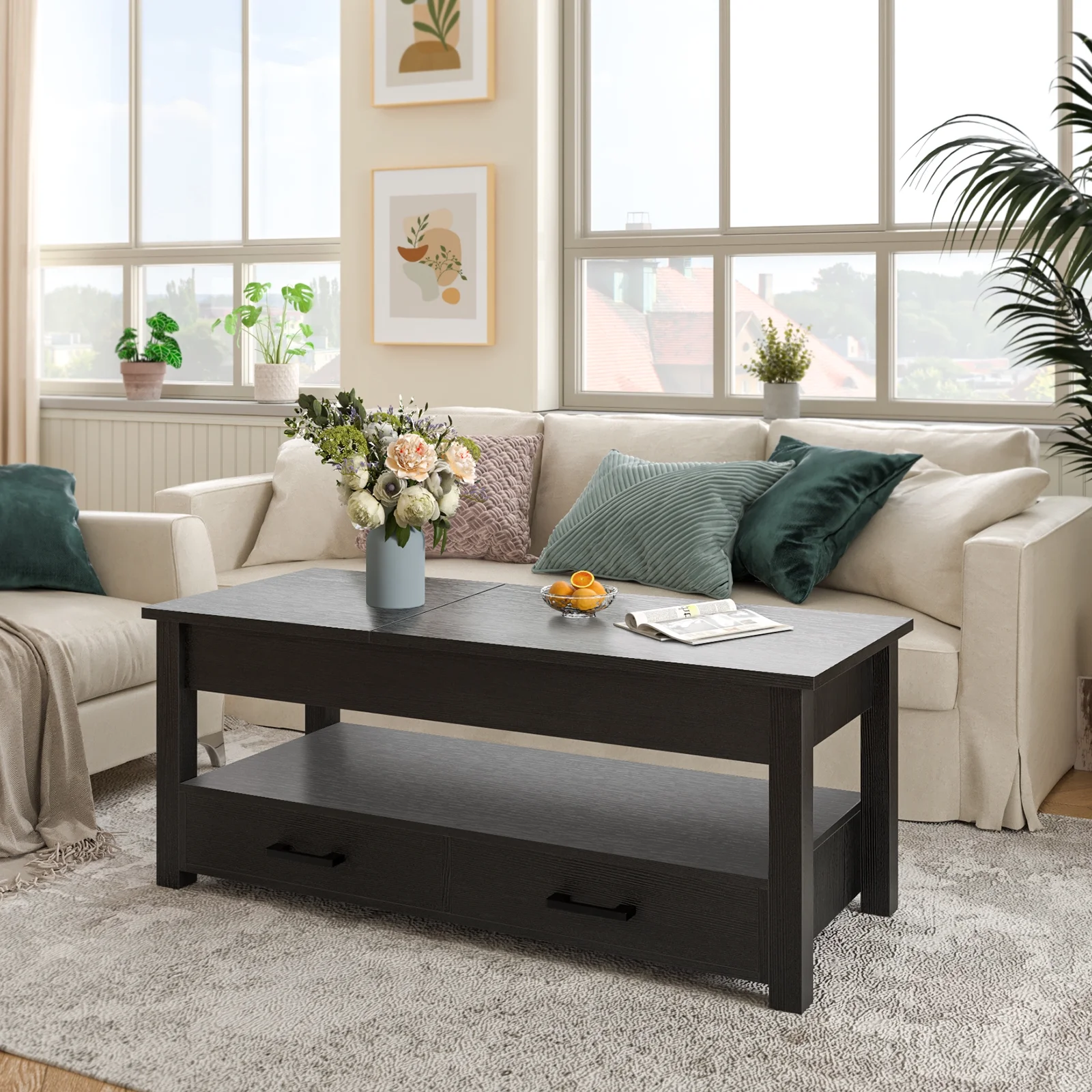 GUNAITO 47.2''Lift Top Coffee Table with Storage,2 Way Lift Coffee Table with 2 Drawers Modern Center Table for Living Room,Black
