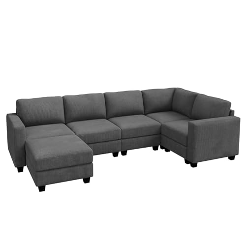 HONBAY Corduroy Modular Sectional Couch with Storage L-Shaped Sectional Couches for Living Room 6 Seater Modular Sofa, Dark Gray