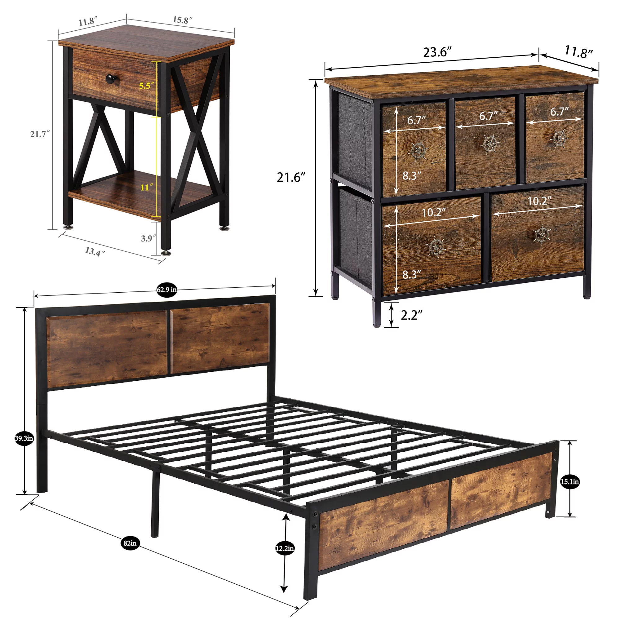 VECELO 4-Piece Bedroom Set with Queen Size Platform Bed Frame & 5-Drawer Dresser & Two Nightstands, Brown