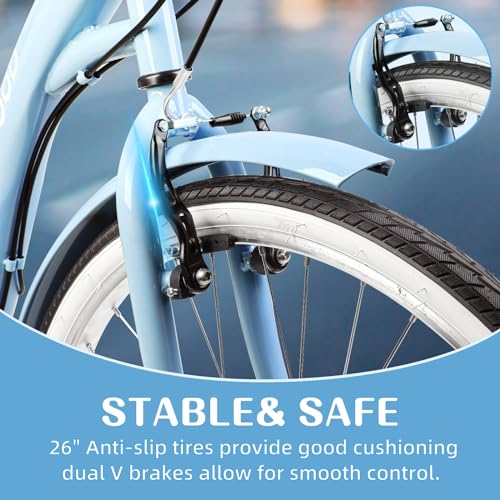 26 Inch Beach Cruiser Bike for Women, Hybrid Cruiser Bike with 7 Speed, Adjustable Seat, Lightweight Women Beach Cruiser Bike with Anti-Skid Tires