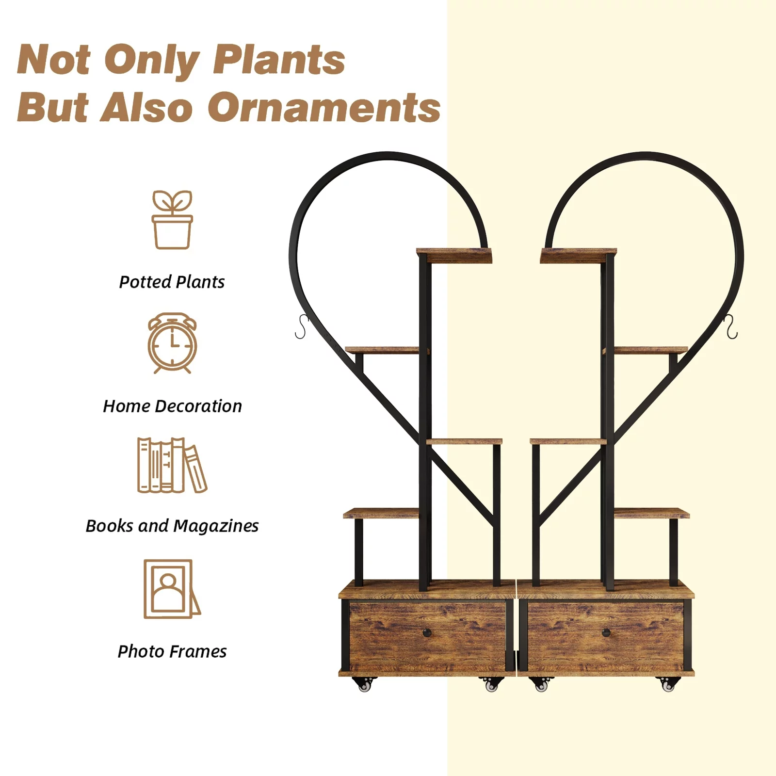 Walsport 6 Tier Plant Stand Indoor,Heart-Shape Plant Shelf with Drawer&Roller,Metal with Wood Plant Shelf for Home Decor,2pcs