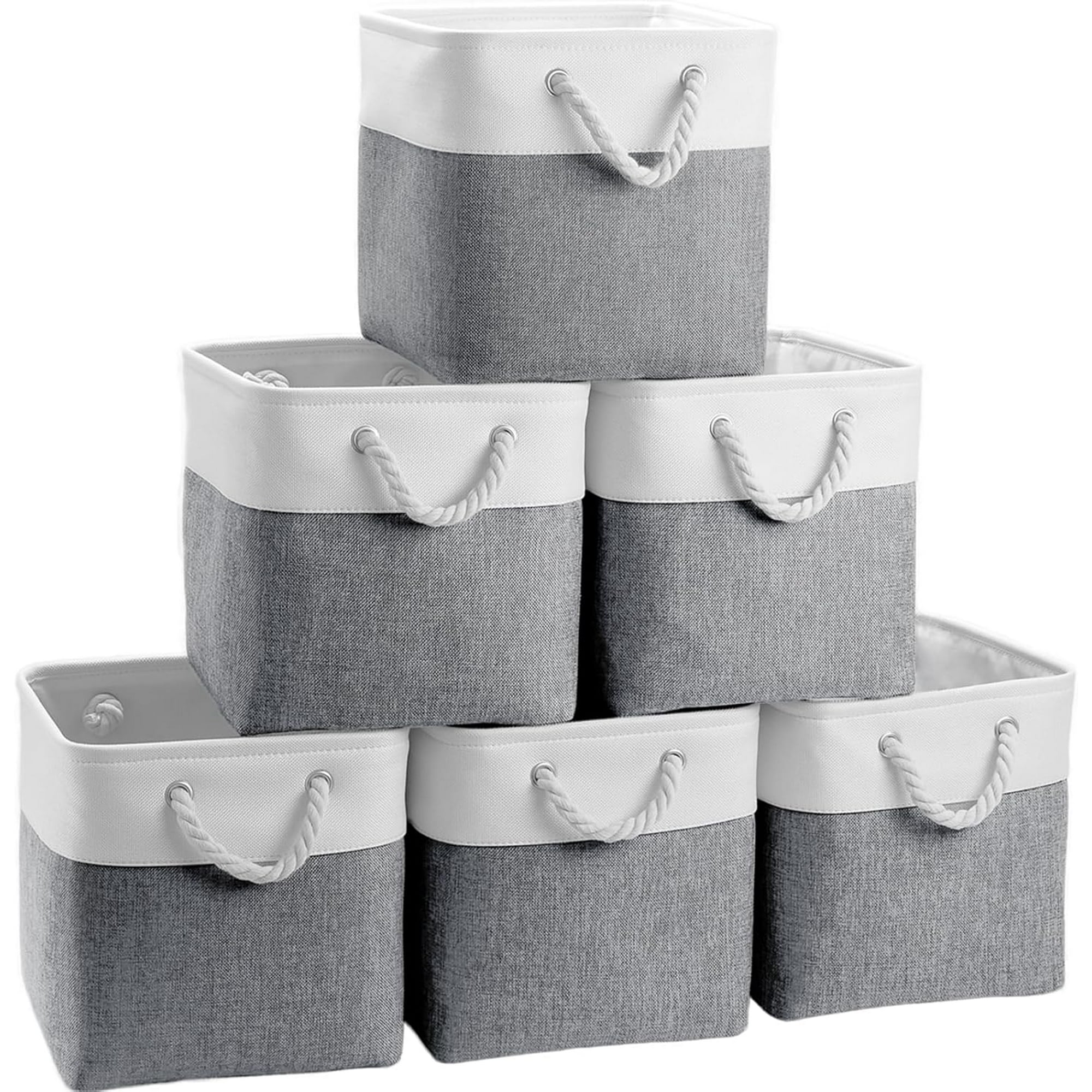 Fabric Cubes Storage Basket, 6 Pack 11x11 in with Handles Foldable Cube Storage Bins, for Shelves, Home, Office, Nursery Organizers (White/ Green)