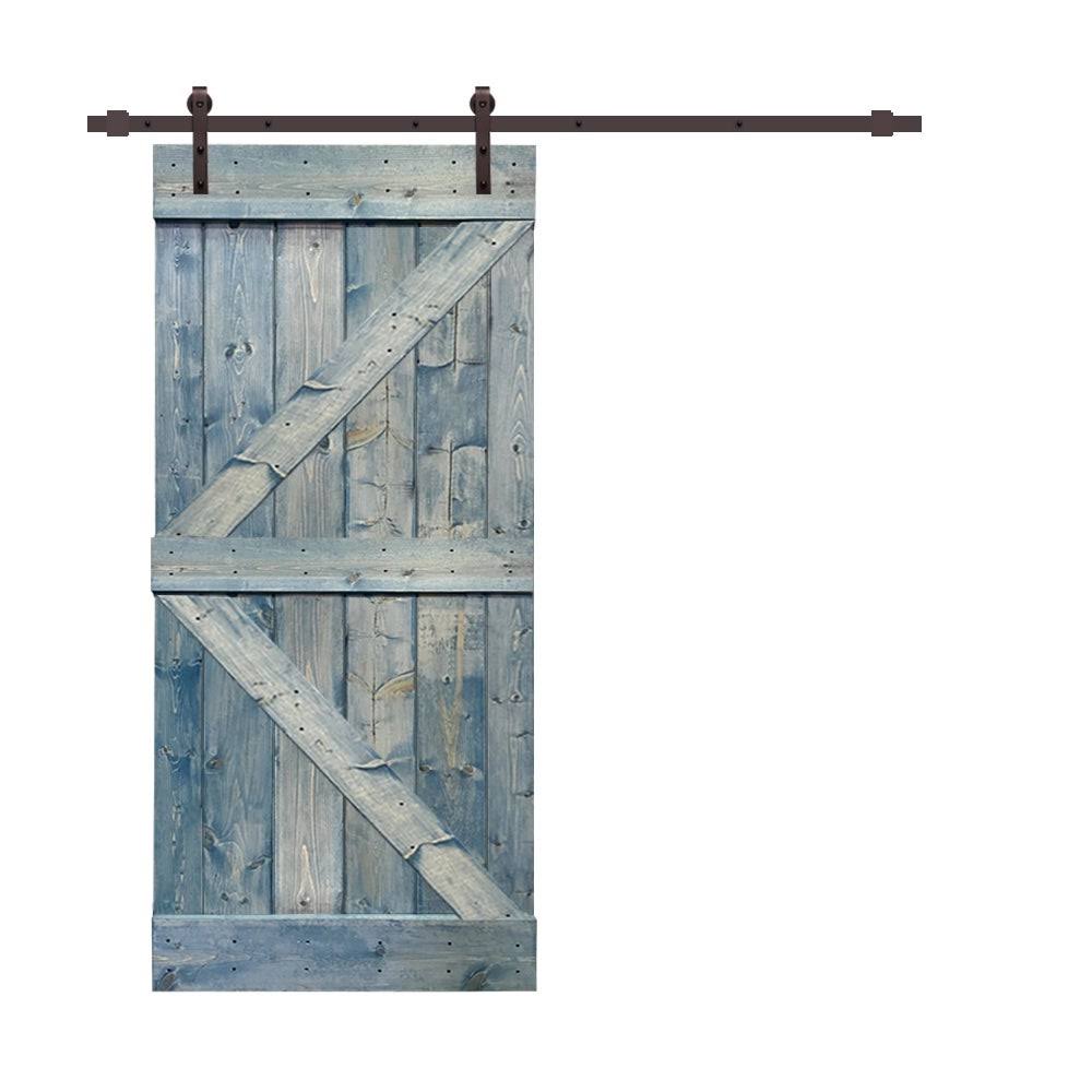 CALHOME Distressed K Series 36 in. x 84 in. Red Walnut Stained Pine Wood Interior Sliding Barn Door with Hardware Kit