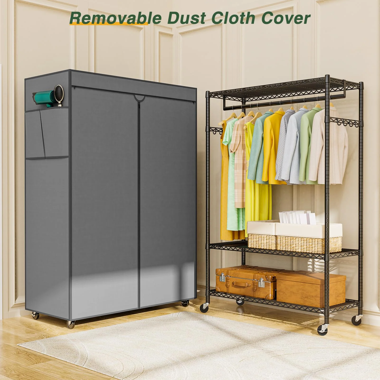 LEHOM G1C Heavy Duty Covered Clothes Rack, Garment Rack for Hanging Clothes with Shelves, Freestanding Clothing Rack with Grey Oxford Fabric Cover