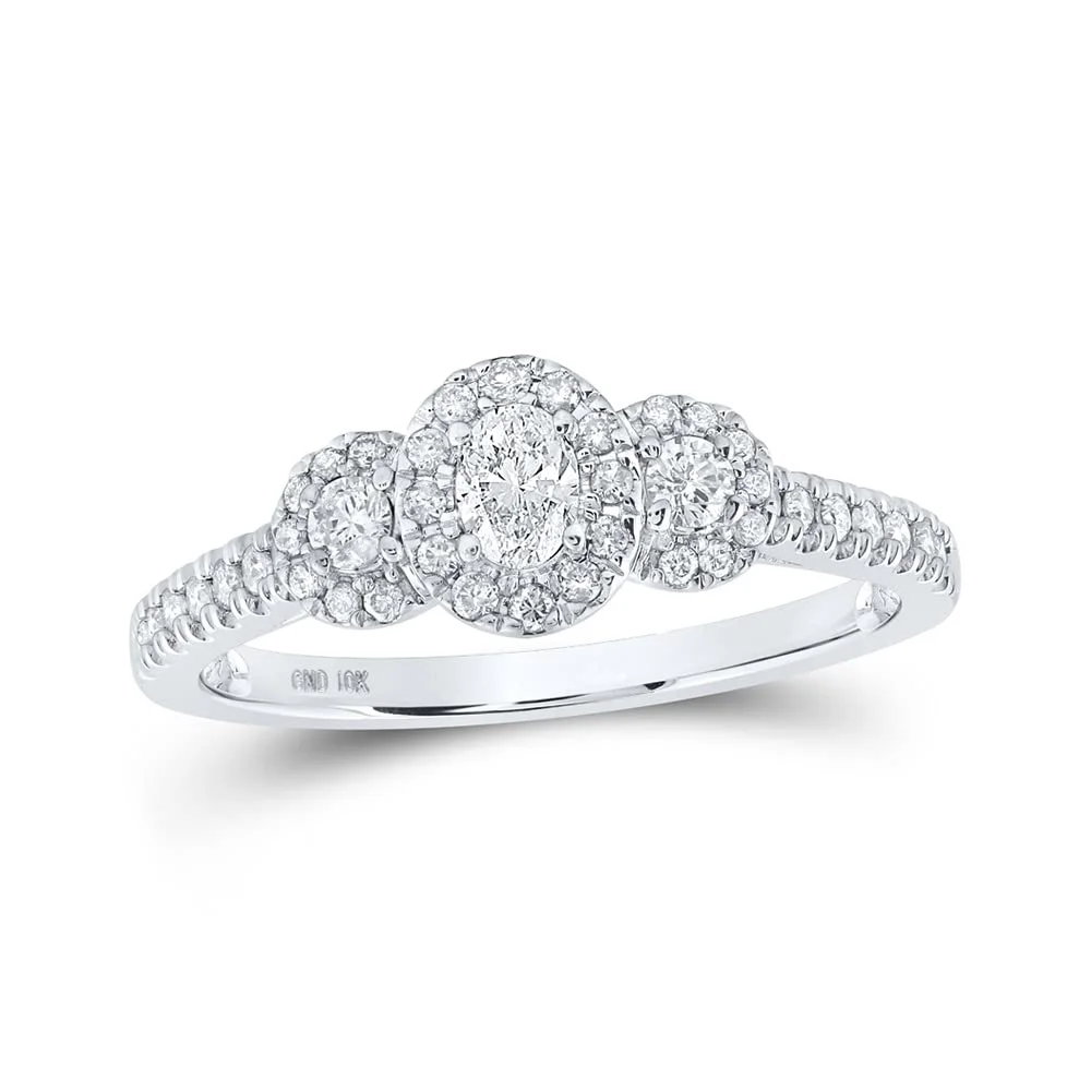 Women's Solid 10kt White Gold Oval Diamond 3-stone Bridal Wedding Engagement Ring 1/2 Cttw Ring Size 7.5