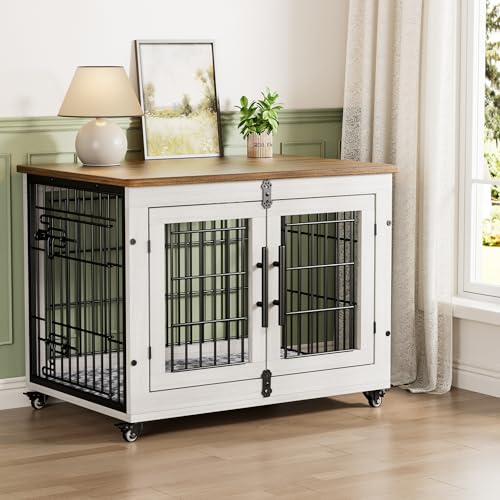 Lulive Dog Crate Furniture for Medium Dogs, 32'' Dog Kennel Indoor with Cushion & Wheels Wooden Dog Cage Double Doors Dog Crate End Table, Grey