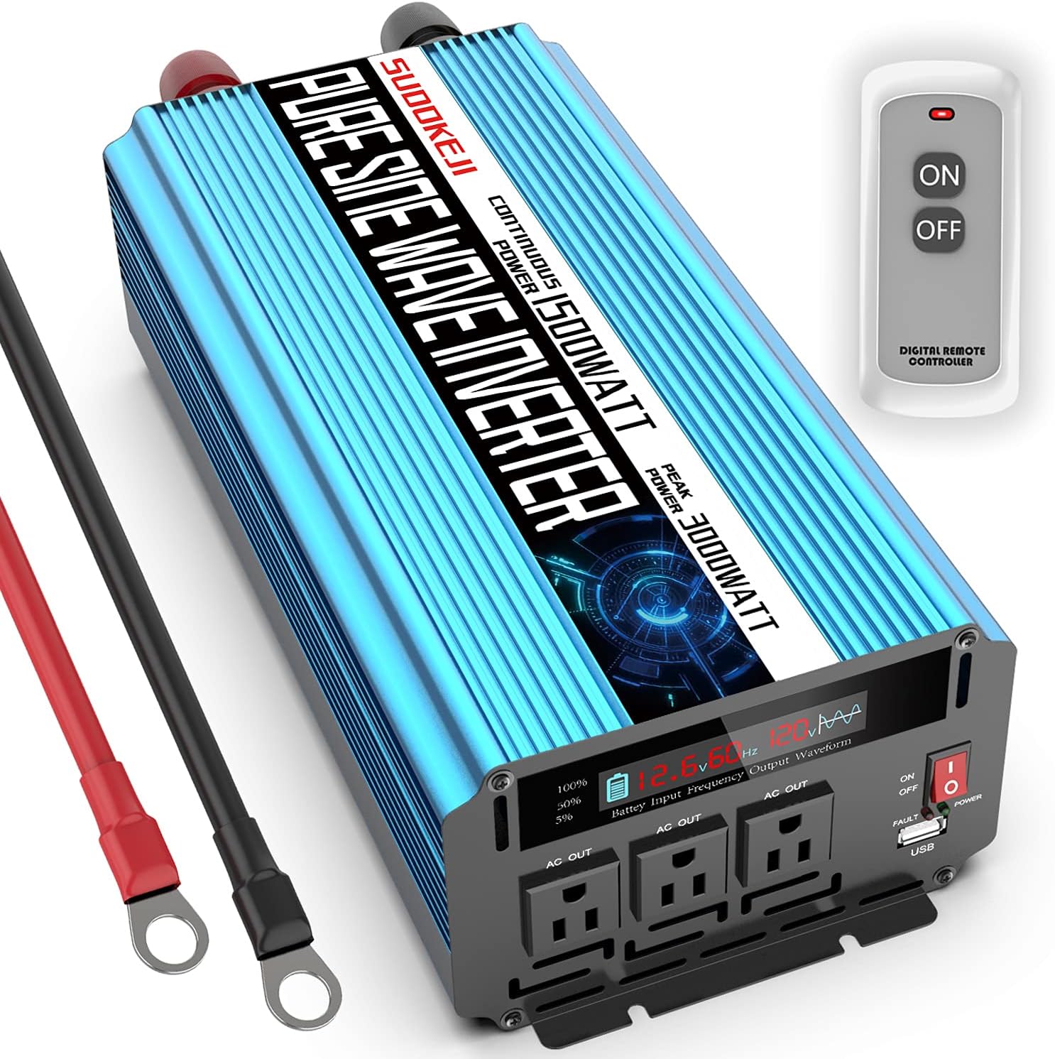 2000W Pure Sine Wave Power Inverter 12V DC to AC 110V/120V Converter for Home, RV, Solar Inverter 12V to 110V, 3 Outlet Car Inverter