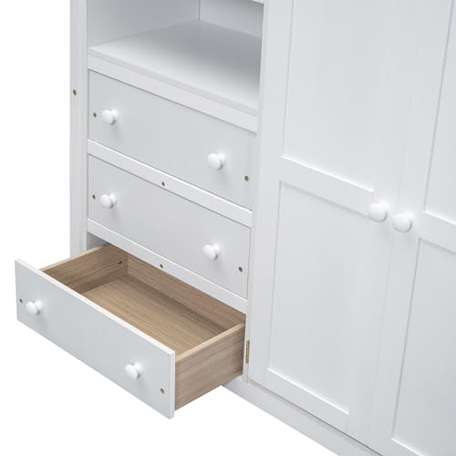 Full Size Loft Bed with Desk & Wardrobe, Solid Wood Kids Loft Bedframe w/3 Storage Drawers & 2 Shelves, Maximum Space Design, for Bedroom, Dorm, Gray