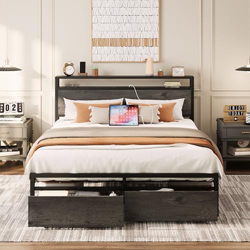 LIKIMIO King Bed Frame with Storage Headboard, Platform Bed with Drawers and Charging Station, No Box Spring Needed, Easy Assembly, Vintage Brown