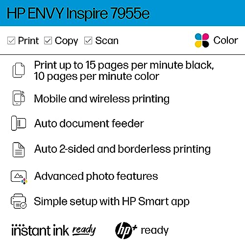 HP ENVY Inspire 7955e Wireless Color Inkjet Printer, Print, scan, copy, Easy setup, Mobile printing, Best-for home