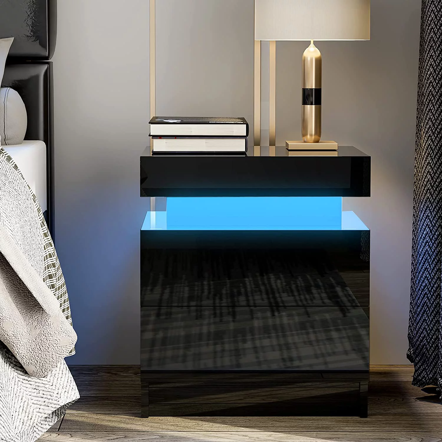 IKIFLY Black Modern LED Nightstand with 2 Drawers/High Gloss Bedside Tables with Changing LED Lights/End Side Table for Bedroom Living Room Furniture