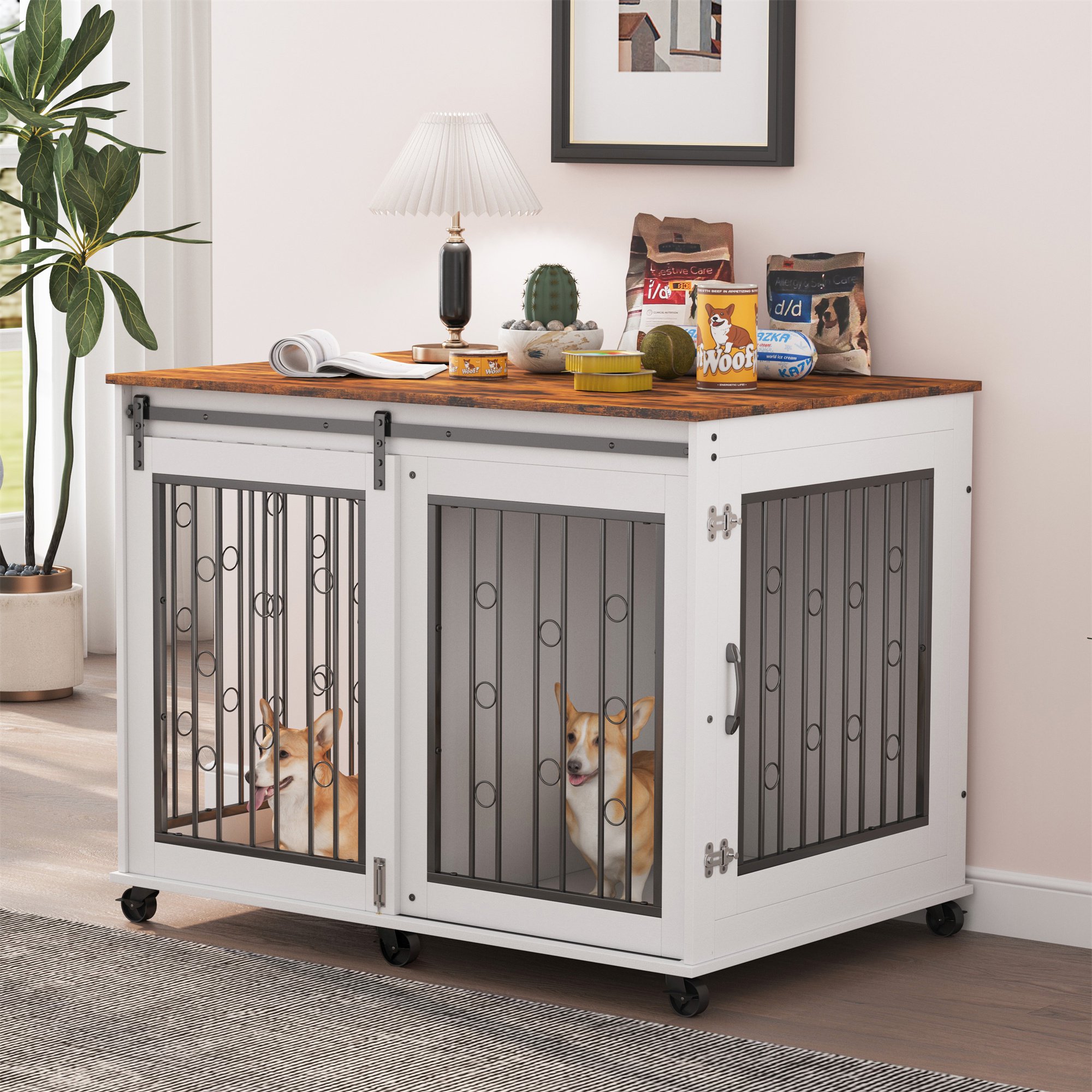 Ostreici 44" Anti-Bite Furniture Style Dog Crate Sliding Barn Door, Dog Kennel End Table w/ Wheels