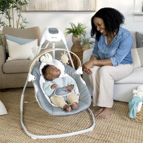 Ingenuity SimpleComfort Lightweight Compact 6-Speed Multi-Direction Baby Swing, Vibrations & Nature Sounds, 0-9 Months 6-20 lbs (Pink Cassidy)