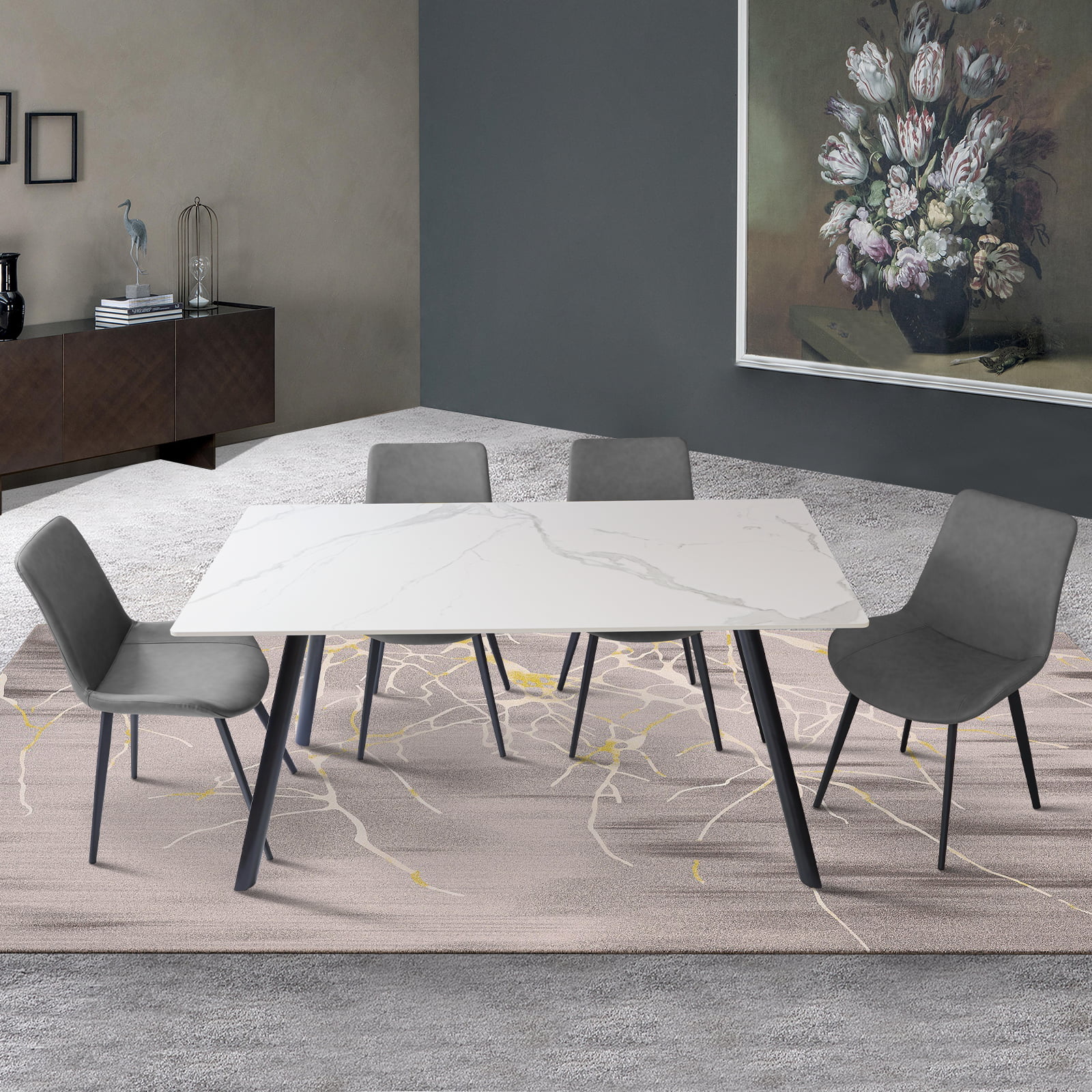 7 Piece Dining Table Sets,Stable Sintered Stone & Leather Modern Dining Chairs Set of 6(1Table with 6 GreyChairs)