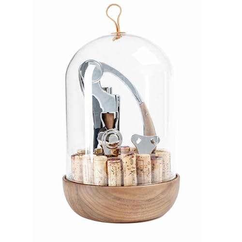 L'atelier Du Vin Oeno Motion Groom Corkscrew & Cork Dome Glass Cloche Display - Tabletop Centerpiece Walnut Wood Base Wine Tasting