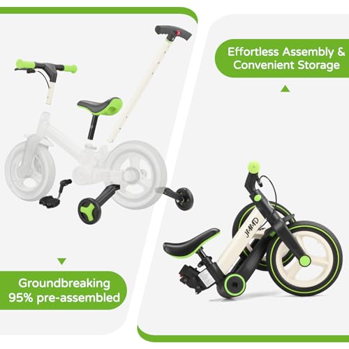 JMMD Toddler Bike with Push Handle for Kids 18-60 Months, 6 in 1 Foldable Push Bike with Training Wheels, Pedals, Brakes, Kickstand