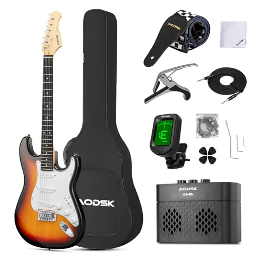 AODSK Electric Guitar with Amp Beginner Kit 39 Inch Solid Body Full Size,All Accessories,Digital Tuner,Six Strings,Four Picks,Tremolo Bar,Strap