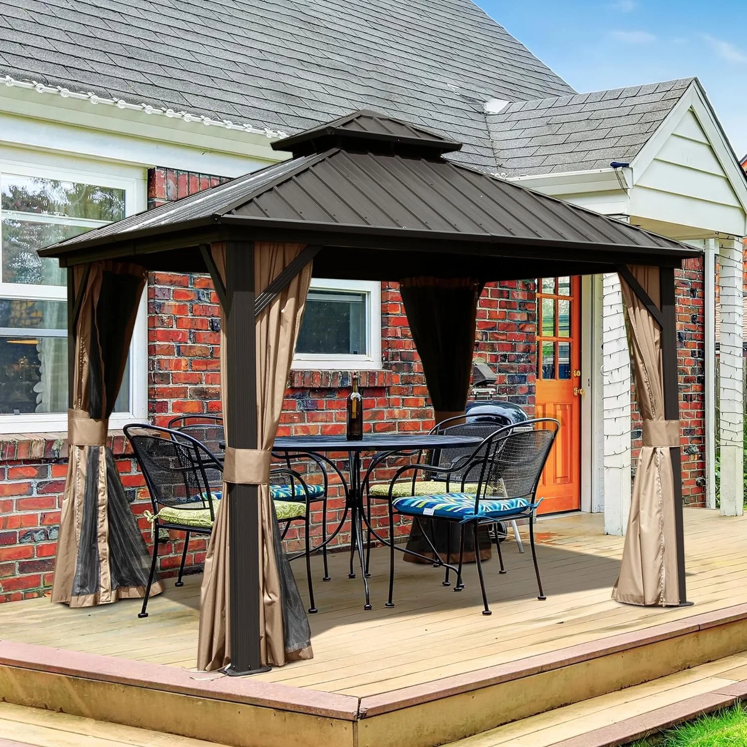 Domi Outdoor living10x10x9.5ft Hardtop Gazebo Double Roof Canopy Metal,w/Galvanized Steel,Curtain&Netting,Permanent Gazebo Pavilion