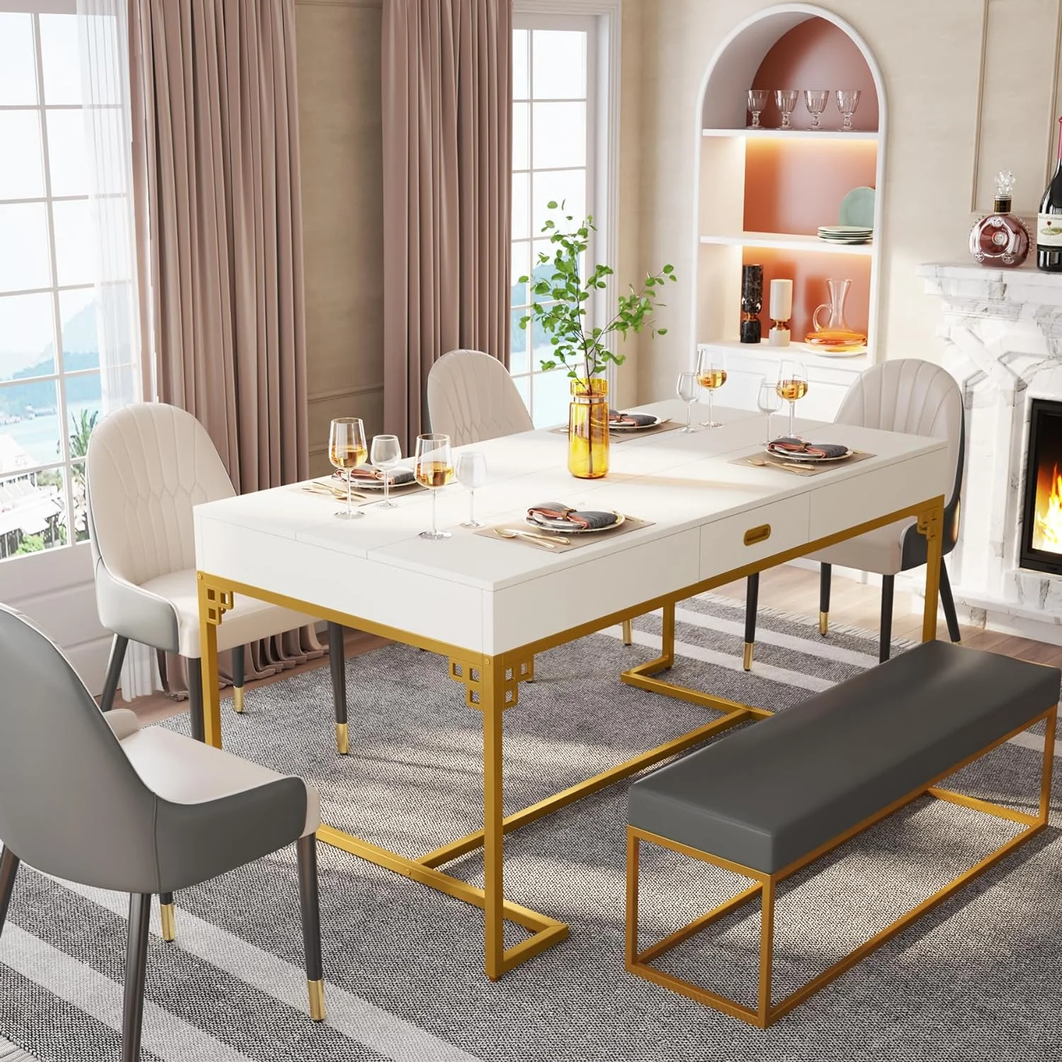RUNFAYBIU 63 Inches Dining Table for 4 to 6  Rectangular Kitchen Table with 2 Drawers  Modern Dinner Table with Gold Metal Frame for Dining Room