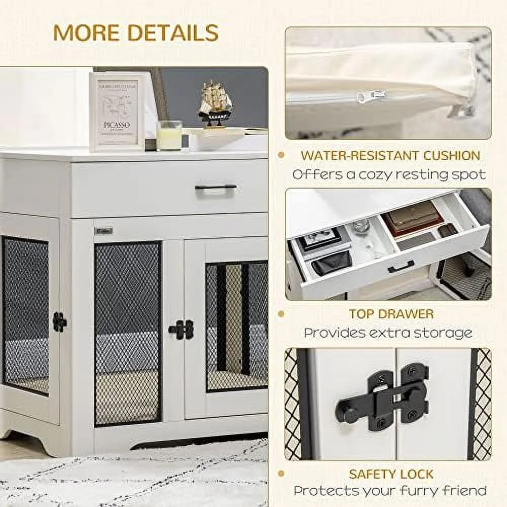 dog crate furniture with soft water-resistant cushion, dog crate end table with drawer, puppy crate for small dogs indoor with 2 doors, white