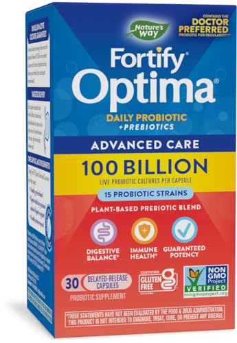 Natures Way Fortify Optima Daily Probiotic, 100 Billion, 15 Strains, Digestive & Immune Support*, with Prebiotics, 30 Capsules - Kansas Nuitrition