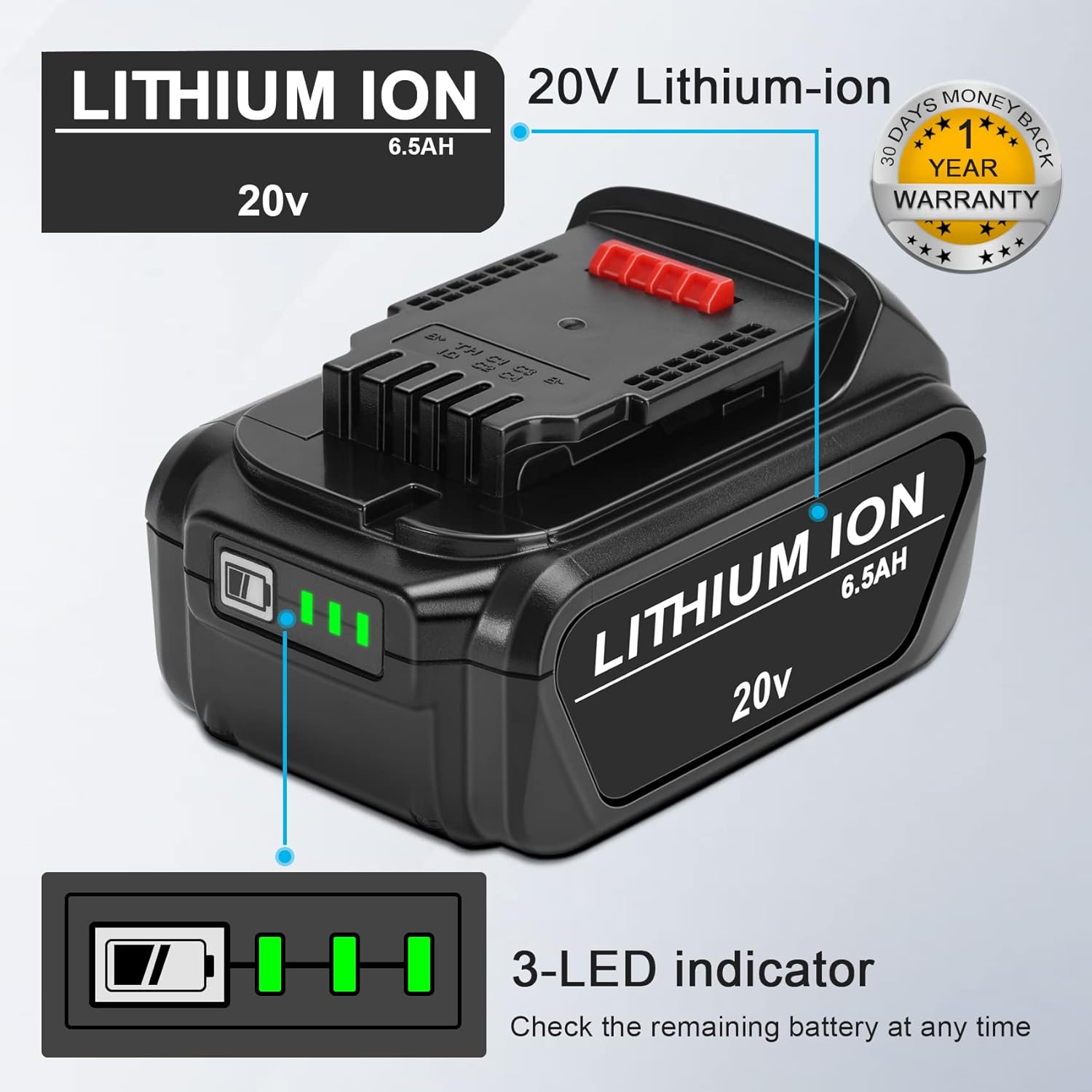 KUNLUN 2-Pack 6.5Ah 20V Battery Replacement Compatible with Dewalt 20 Volt Max XR Lithium ion Battery Pack DCB200 DCB201 DCB203 DCB205 DCB204 DCB206