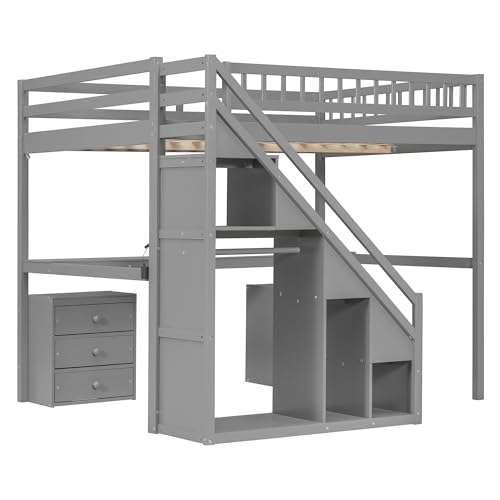 Modern Full Size Gaming Loft Bed with Built-in Desk and Storage Wardrobe, Wood Loft Bed Frame with Light Strip and 2 Drawers