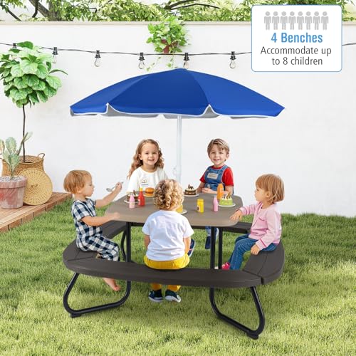 KOTEK 8-Person Kids Picnic Table, Toddler Activity Table with Removable Umbrella, 4 Built-in Benches, HDPE Top & Metal Frame