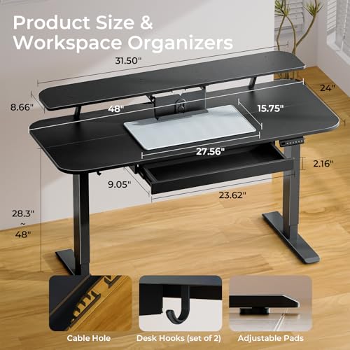 COMHOMA Electric Standing Desk with Drawers, 48 x 24'' Sit Stand up Desk with Monitor Stand, Laptop Stand