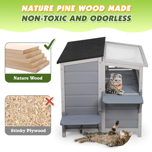 Outdoor Cat House, 2-Tier Warm Wood Cat Shelter with Sunlight Roof, Balcony, Jumping Platforms, Kitty Pet Porch Enclosure, Weatherproof, Openable
