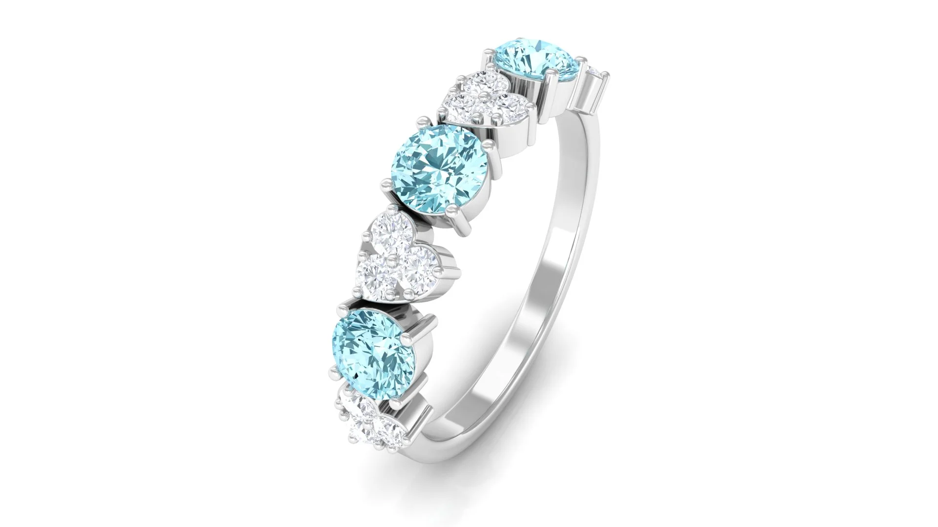 Aquamarine Half Eternity Ring with Diamond, Natural Aquamarine Heart Ring for Women - March Birthstone, 925 Sterling Silver, US 6.50