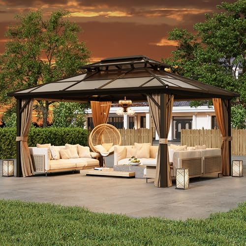 MELLCOM 10'x13' Hardtop Gazebo with Polycarbonate Double Roof, Aluminum Frame Outdoor Gazebo Permanent Pavilion with Curtains and Netting for Patio