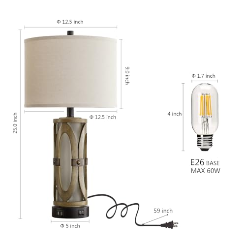 Table lamps for Living Room Set of 2, Rustic Farmhouse Nightstand Lamp with Dual USB Ports