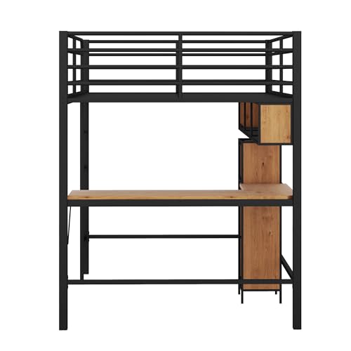 Harper & Bright Designs Twin Size Metal Loft Bed with Desk, Ladder and Guardrails, for Kids Teens Adults – Silver