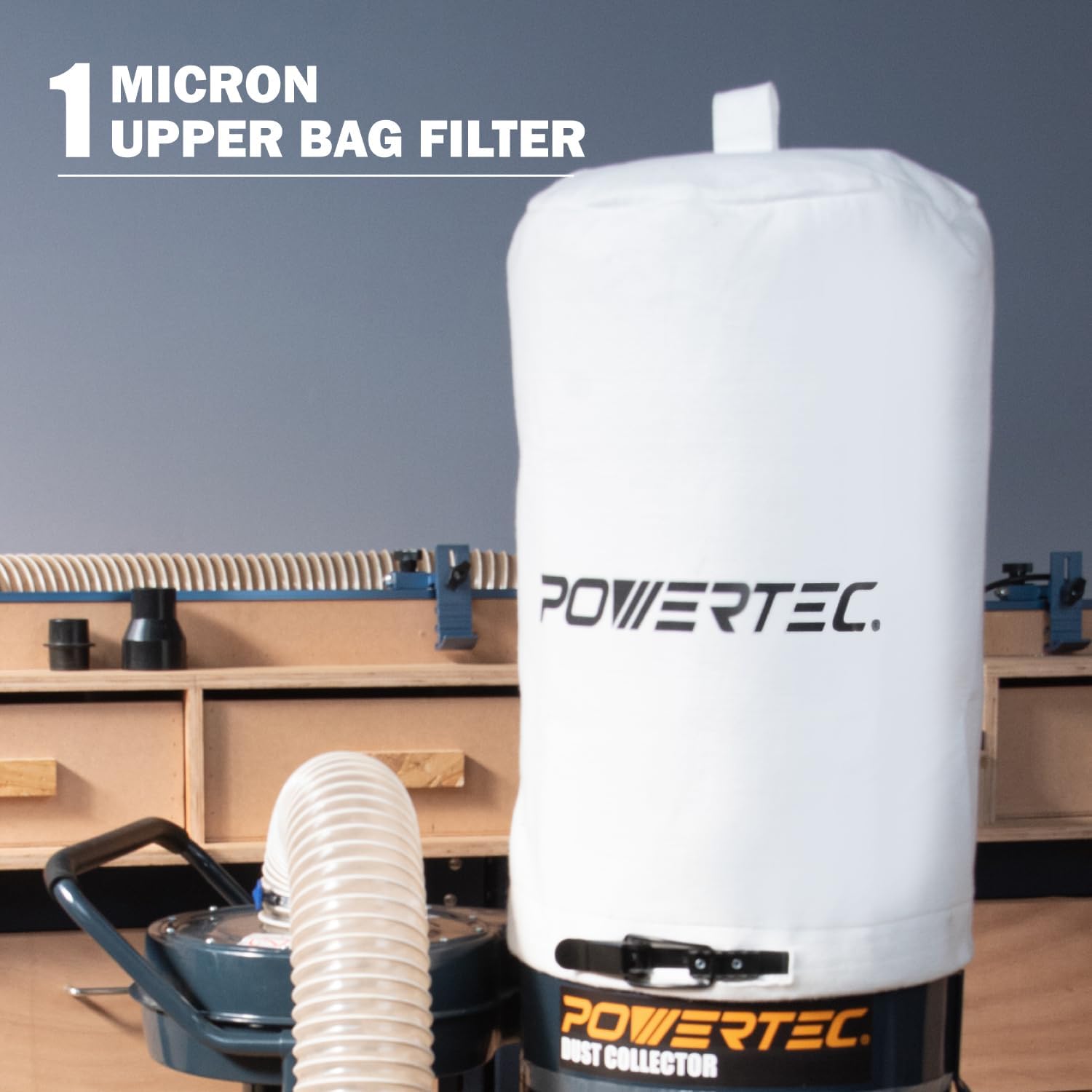 POWERTEC 1 HP Dust Collector with 1 Micron Dust Collector Bags and Mobile Base
