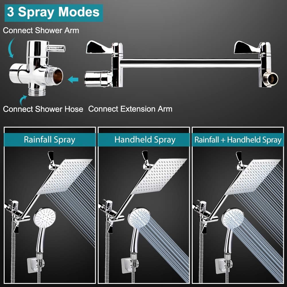 8'' High Pressure Rainfall Shower Head / Handheld Shower Combo with 11'' Extension Arm, Height/Angle Adjustable