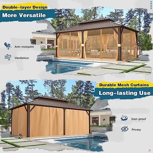 MELLCOM 10'x13' Hardtop Gazebo with Polycarbonate Double Roof, Aluminum Frame Outdoor Gazebo Permanent Pavilion with Curtains and Netting for Patio