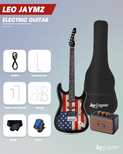 Leo Jaymz 39" Full Size ST Style Electric Guitar Starter Kit with SSH Pickup, 5W Portable Amp, Tuner, Gig Bag, Strap & Accessories (Violet Ocean)