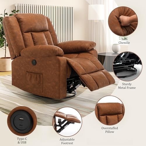 Rocker Recliner Chair, Glider Recliner Chairs for Adults, 360° Swivel Recliner with Massage and Heating