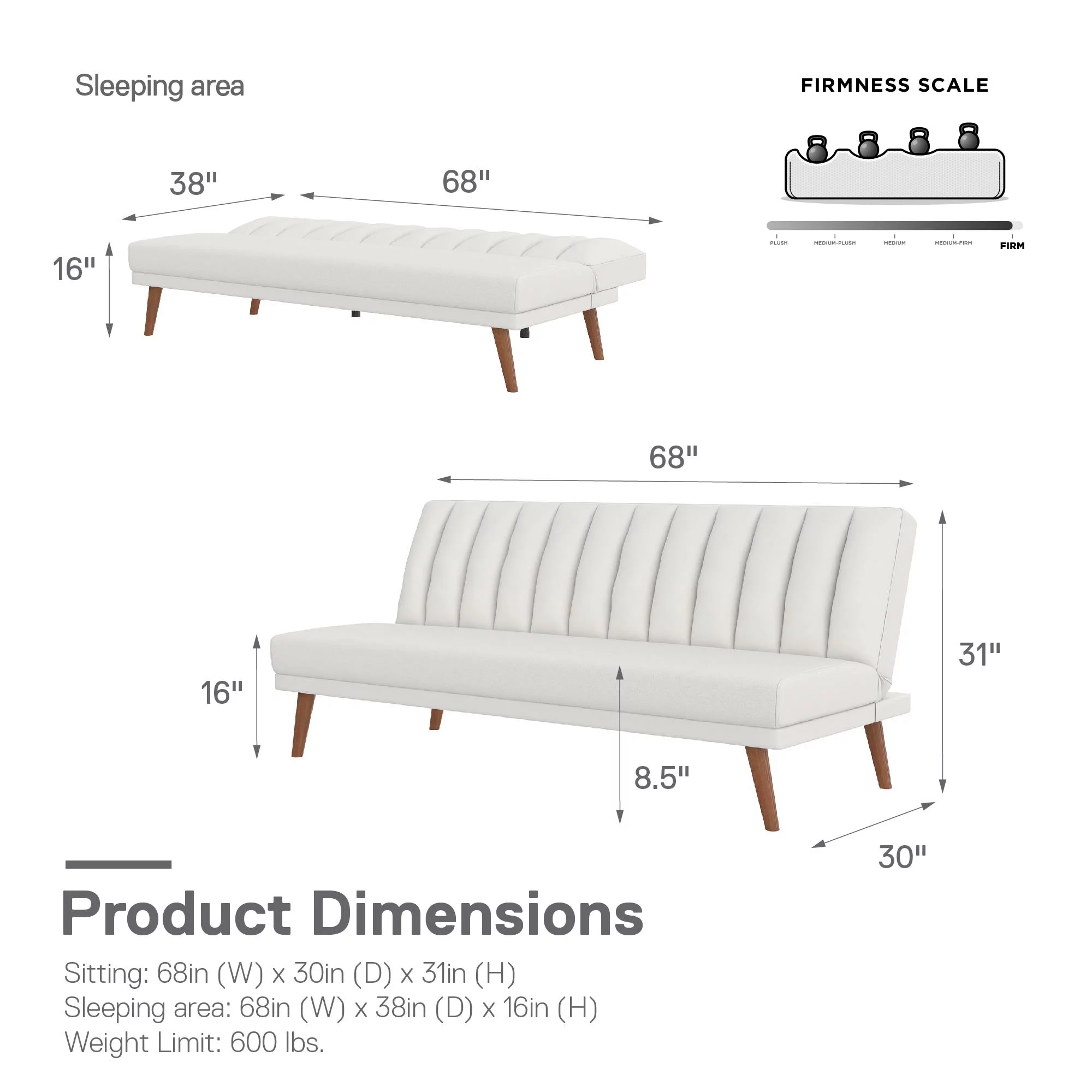 Novogratz Brittany Armless Futon, Sofa Lounger and Sleeper with Hideaway Support Legs, White Faux Leather