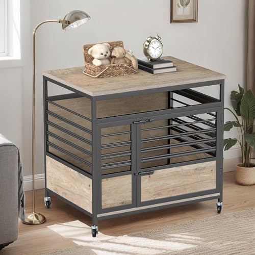 YITAHOME 39 Inch Dog Crate Furniture with Storage Shelves, Wooden Dog Crate for Large Dogs with Power Outlets