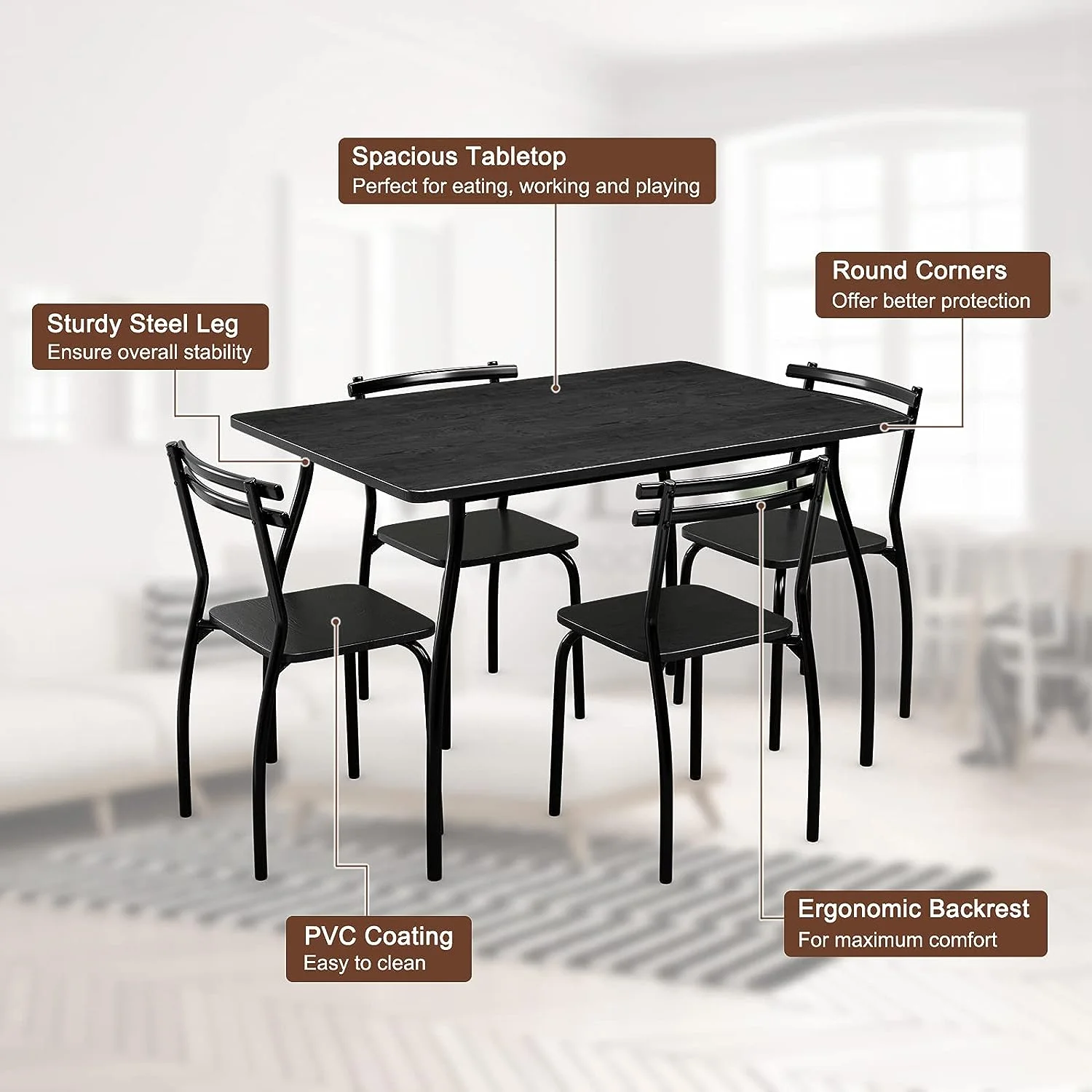 For 4, Modern Metal And Wood Indoor Rectangular Dining Table Furniture Set For Dining Room, Kitchen, Dinette, Table And 4 Chairs W/Metal Legs