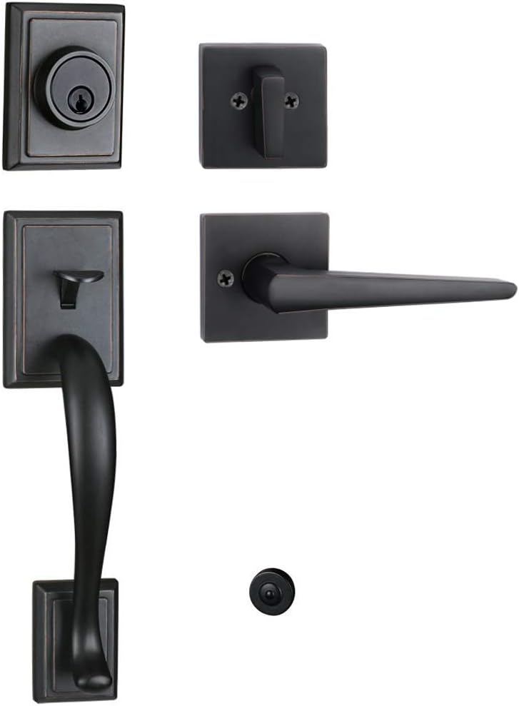 Front Double Door Handle Lock Set in Iron Black Finish for Exterior Front Door (Keyed Entry and Dummy Handleset)